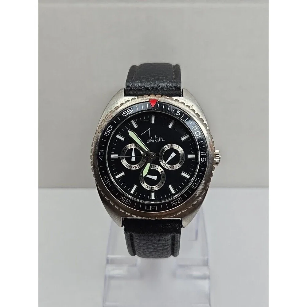 John Weitz JW209 Mens Day Date 24 Hour Black Dial Leather Wristwatch New Battery